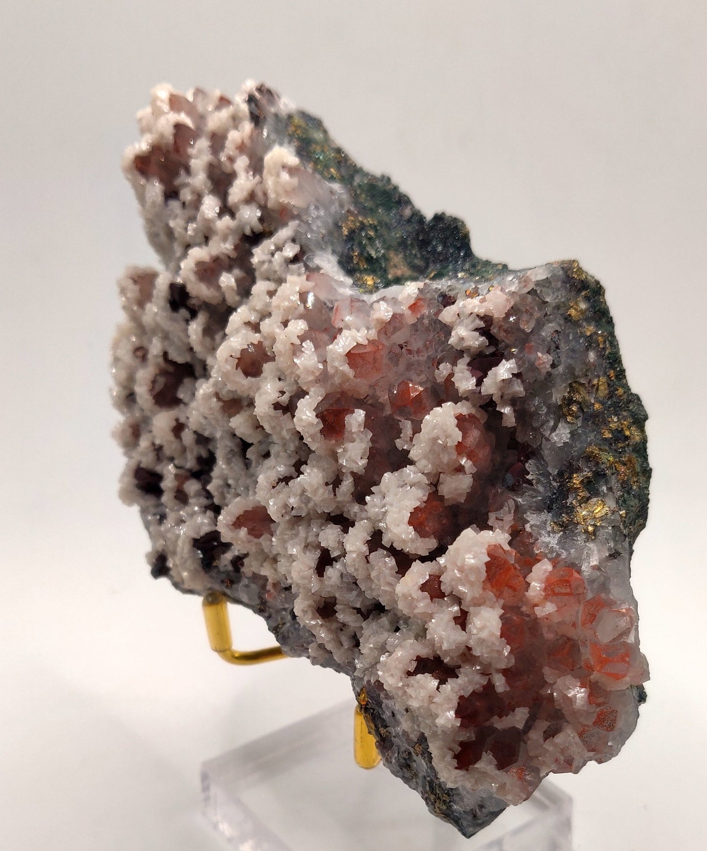 Red Hematite Included Quartz with Dolomite and iridescent Chalcopyrite