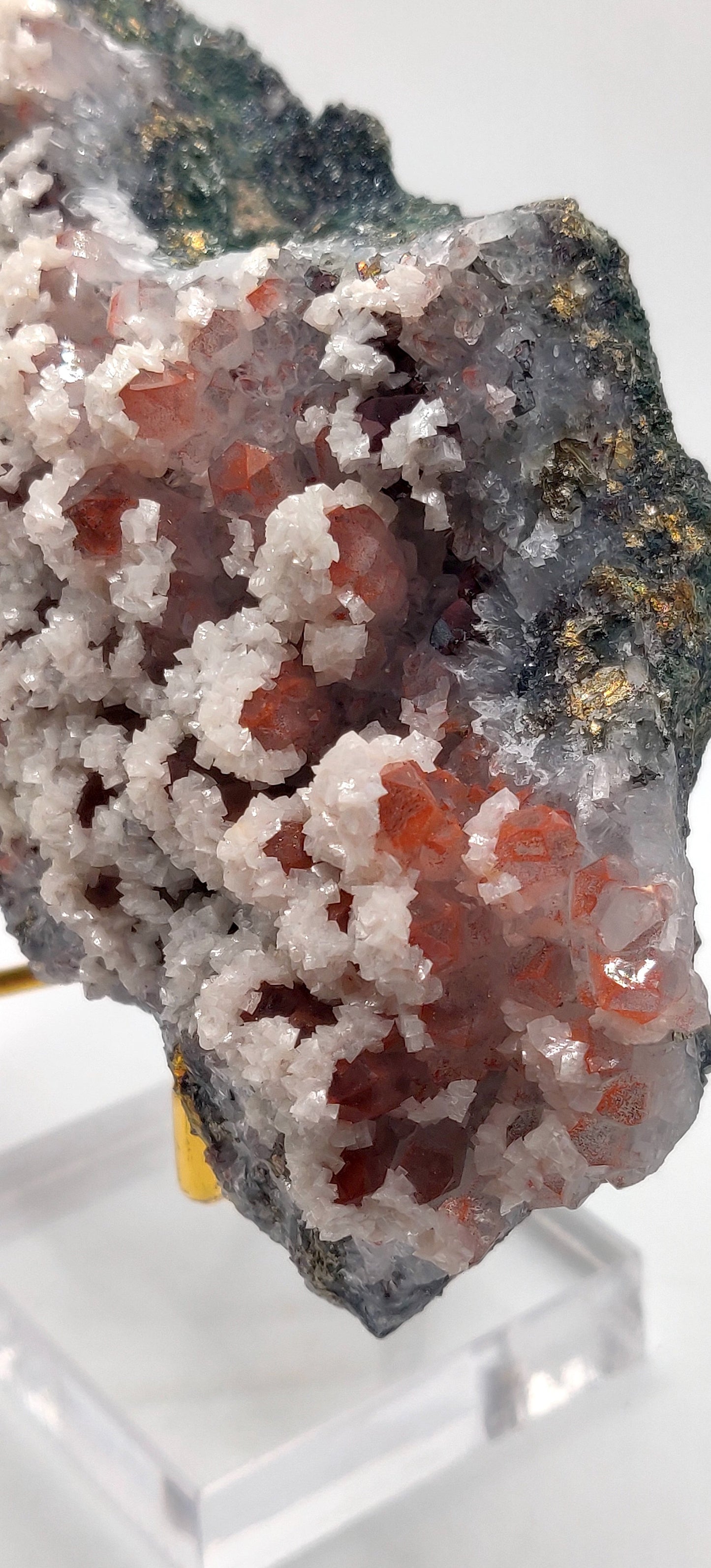 Red Hematite Included Quartz with Dolomite and iridescent Chalcopyrite