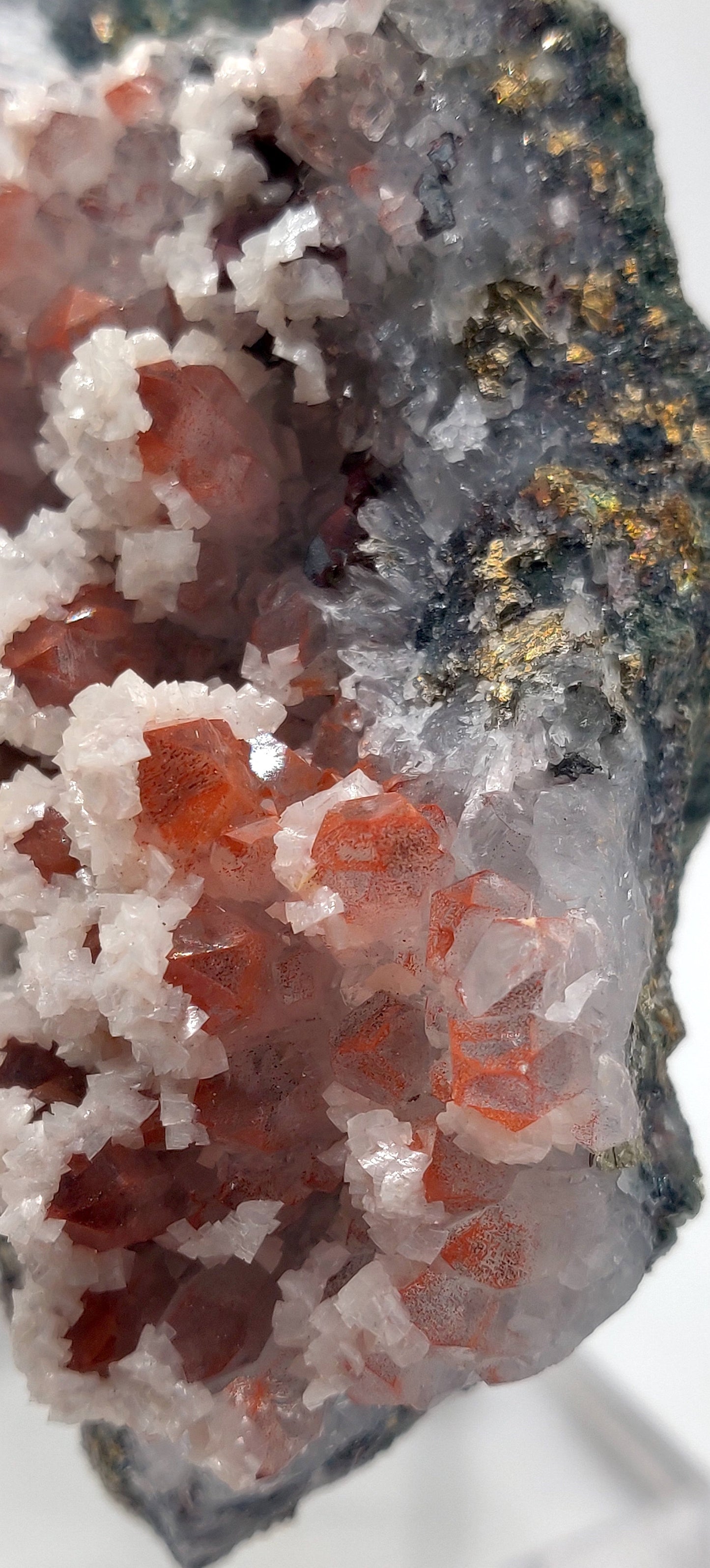 Red Hematite Included Quartz with Dolomite and iridescent Chalcopyrite