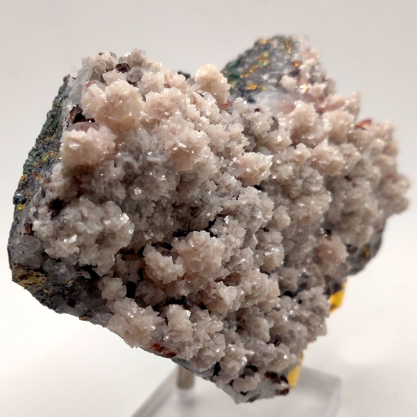 Red Hematite Included Quartz with Dolomite and iridescent Chalcopyrite