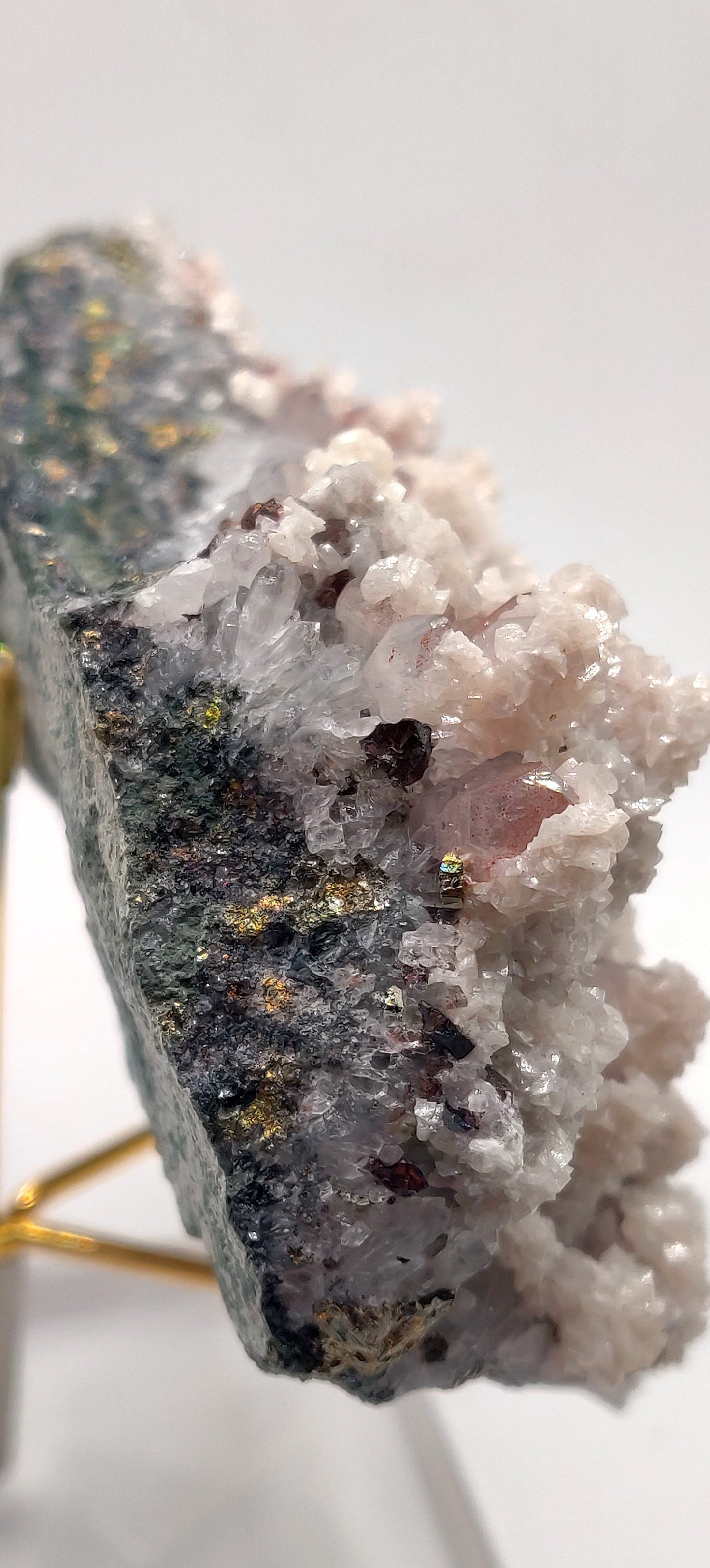 Red Hematite Included Quartz with Dolomite and iridescent Chalcopyrite