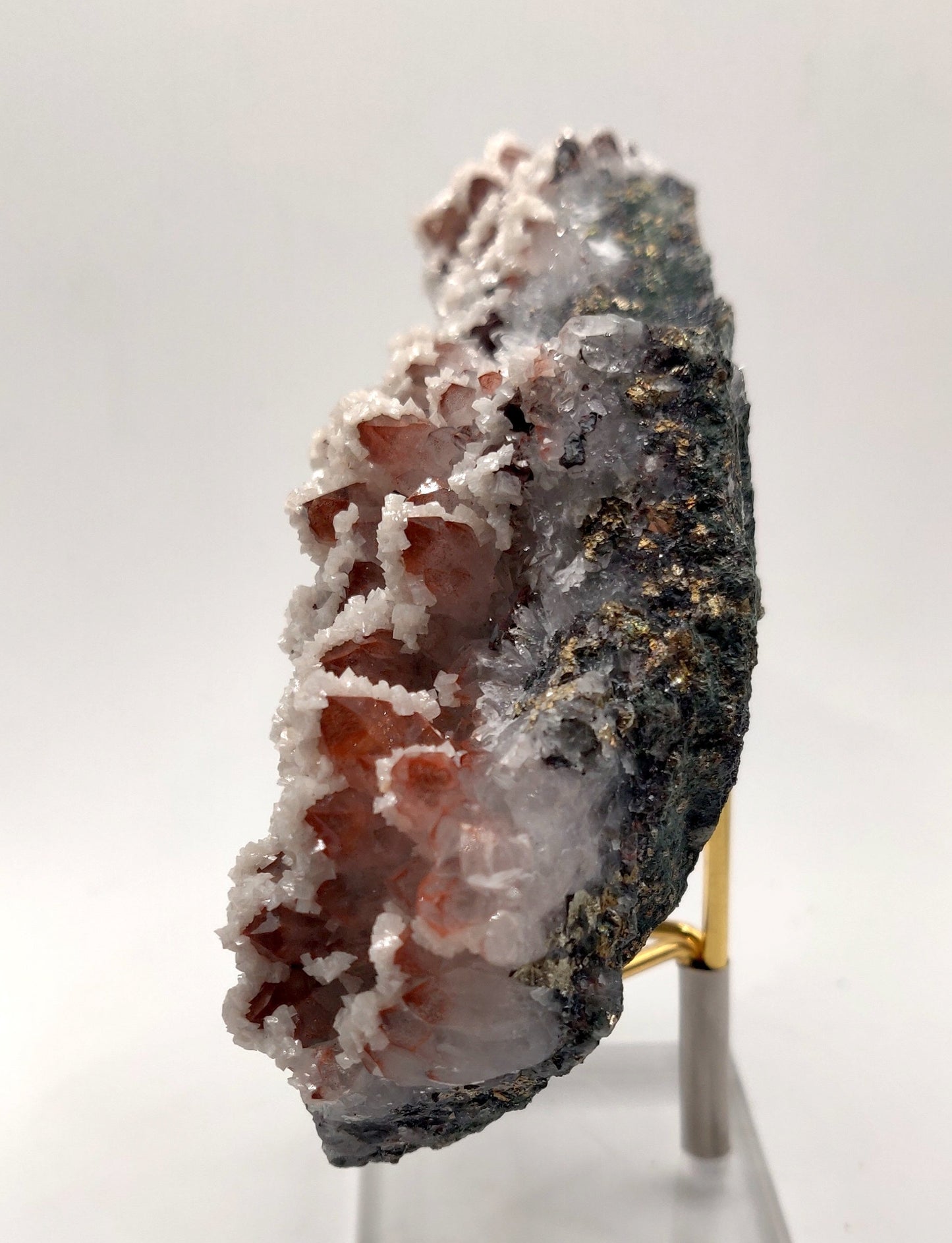 Red Hematite Included Quartz with Dolomite and iridescent Chalcopyrite