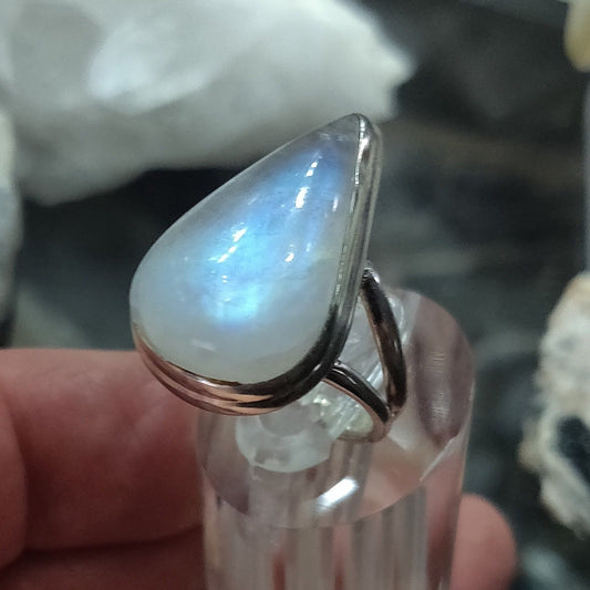 High Quality Rainbow Moonstone Tear Drop Ring, 925 Sterling Silver, Sz 8 1/4