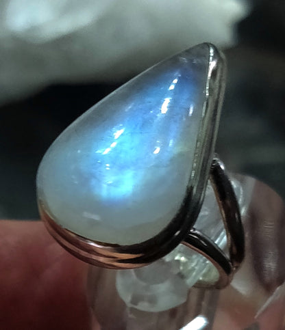 High Quality Rainbow Moonstone Tear Drop Ring, 925 Sterling Silver, Sz 8 1/4