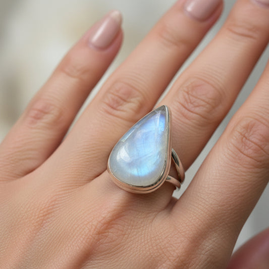 Sri Lankan Rainbow Moonstone Teardrop Ring - 925 Sterling Silver - Size 8 1/4