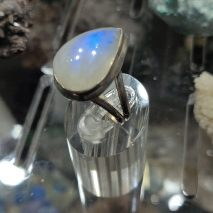 High Quality Rainbow Moonstone Tear Drop Ring, 925 Sterling Silver, Sz 7.5