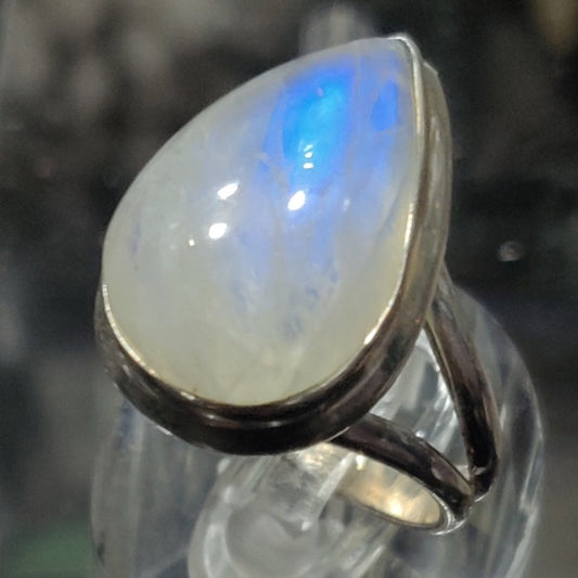 High Quality Rainbow Moonstone Tear Drop Ring, 925 Sterling Silver, Sz 7.5