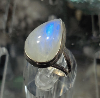 High Quality Rainbow Moonstone Tear Drop Ring, 925 Sterling Silver, Sz 7.5