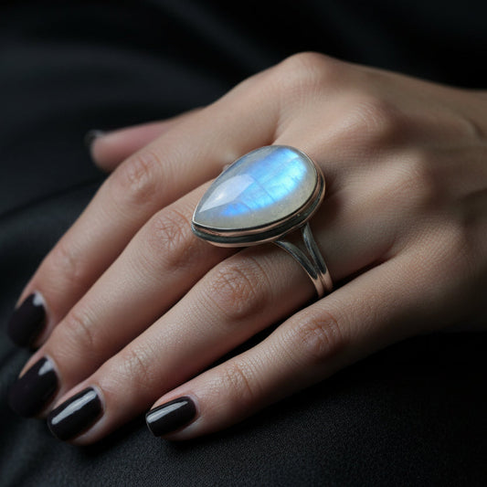 Sri Lankan Rainbow Moonstone Teardrop Ring - 925 Sterling Silver - Size 7.5