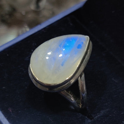 High Quality Rainbow Moonstone Tear Drop Ring, 925 Sterling Silver, Sz 7.5