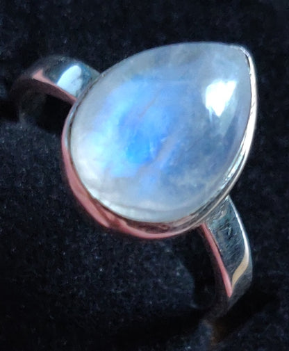 High Quality Rainbow Moonstone Tear Drop Ring, Sz 6 3/4