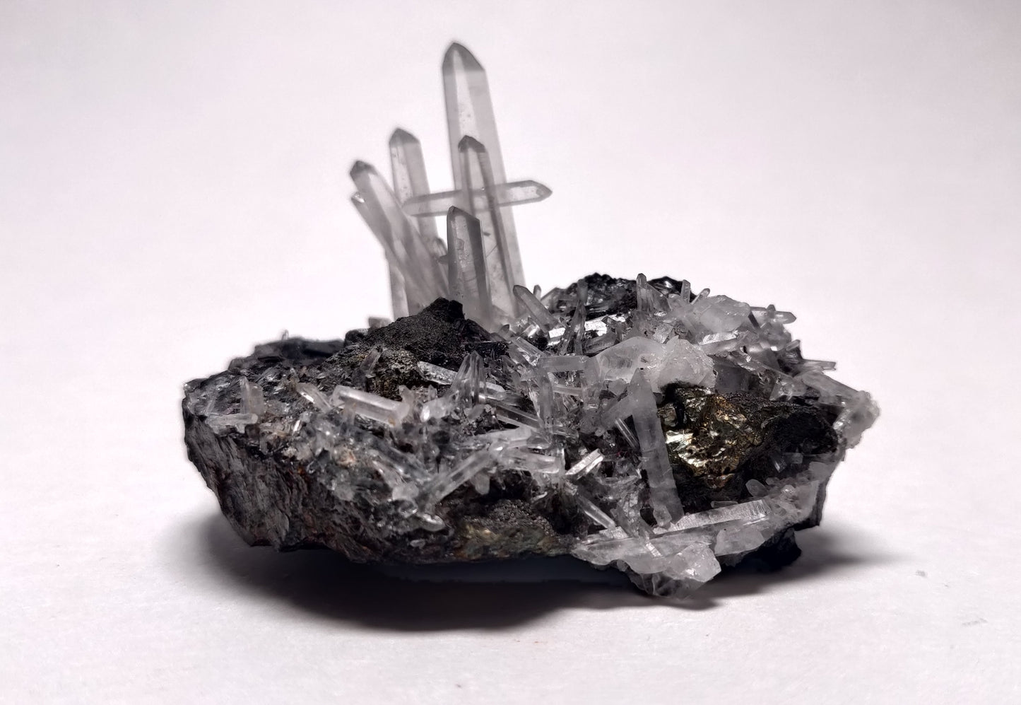 Quartz on Sphalerite w/ Iron Pyrite from the historic Quiruvilca Mine, Peru.