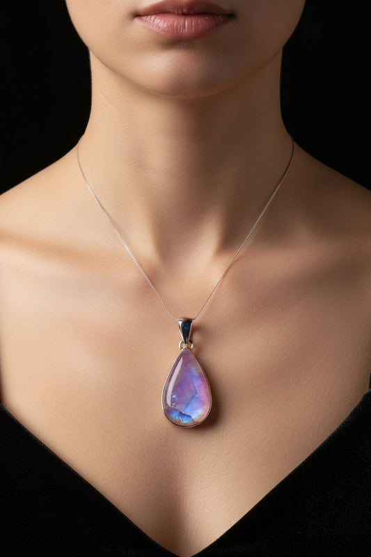 Pink Aura Moonstone Pendant - 925 Sterling Silver - Ethereal Teardrop Jewelry