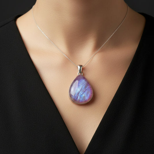 Pink Aura Moonstone Teardrop Necklace - 925 Sterling Silver - Chain Included