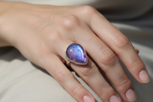 Pink Aura Moonstone Ring - 925 Sterling Silver - Size 6 Statement Jewelry