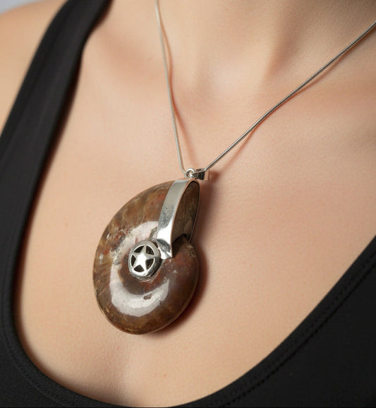 1.9" Iridescent Ammonite Fossil Necklace -Red & Amber Fire - 18" Silver-Plated Chain