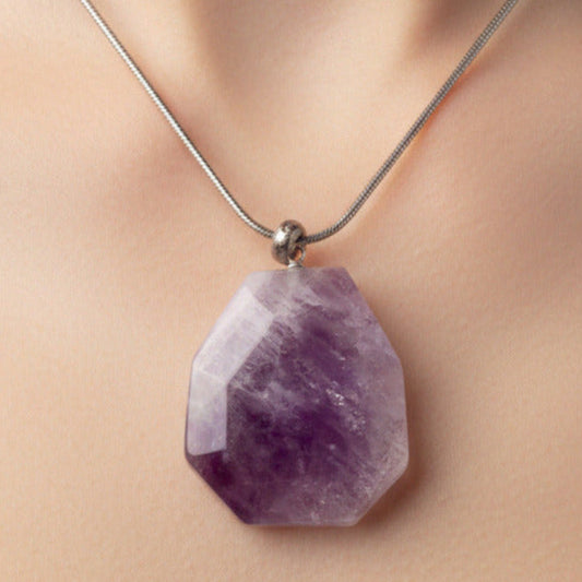 Amethyst pendant necklace on a mannequin
