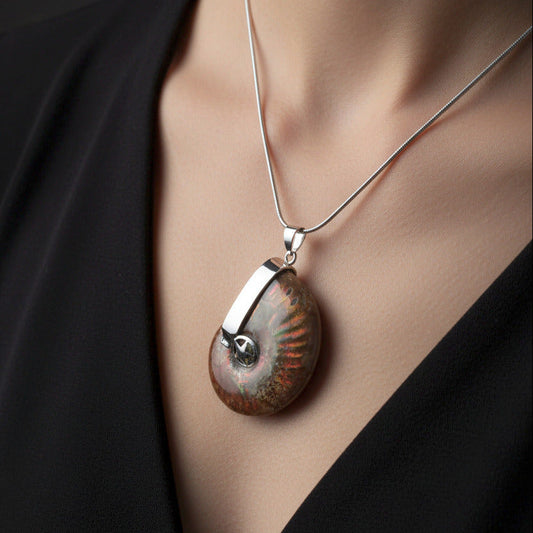 Necklace with a large, detailed pendant on a person wearing a black top.