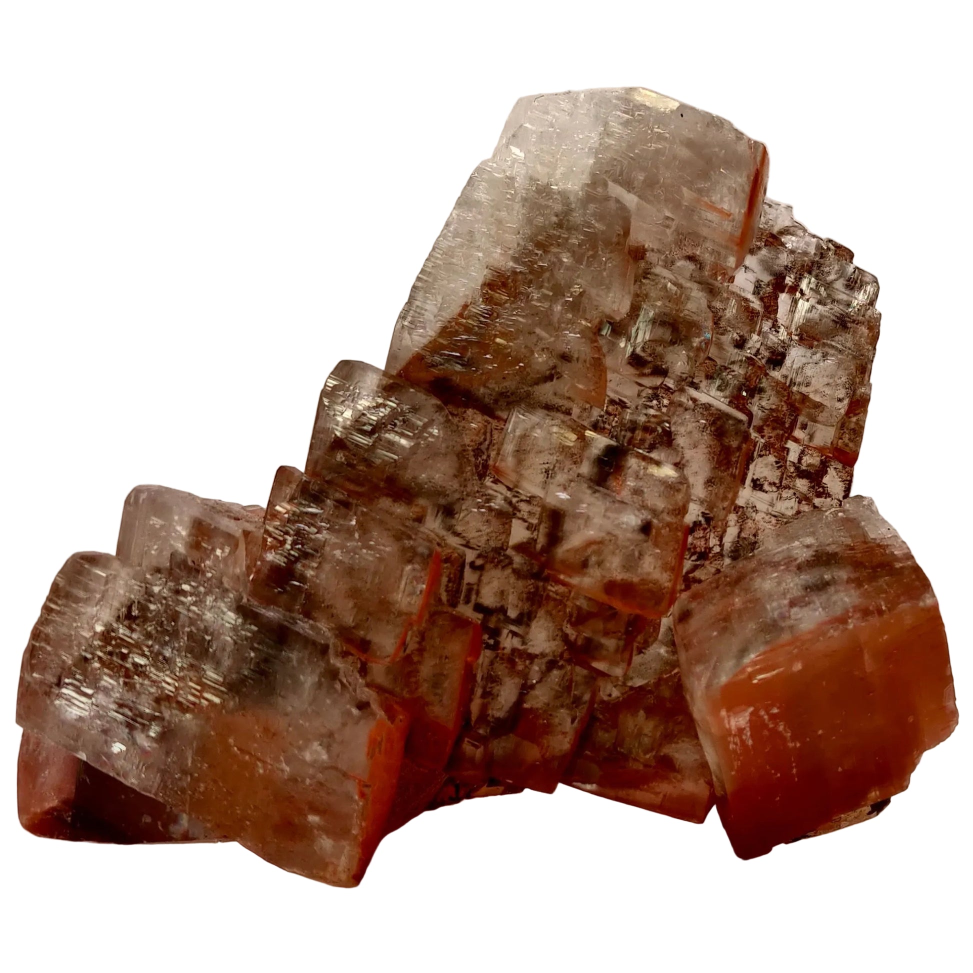 Mineral specimen with clear and brown crystals on a light background