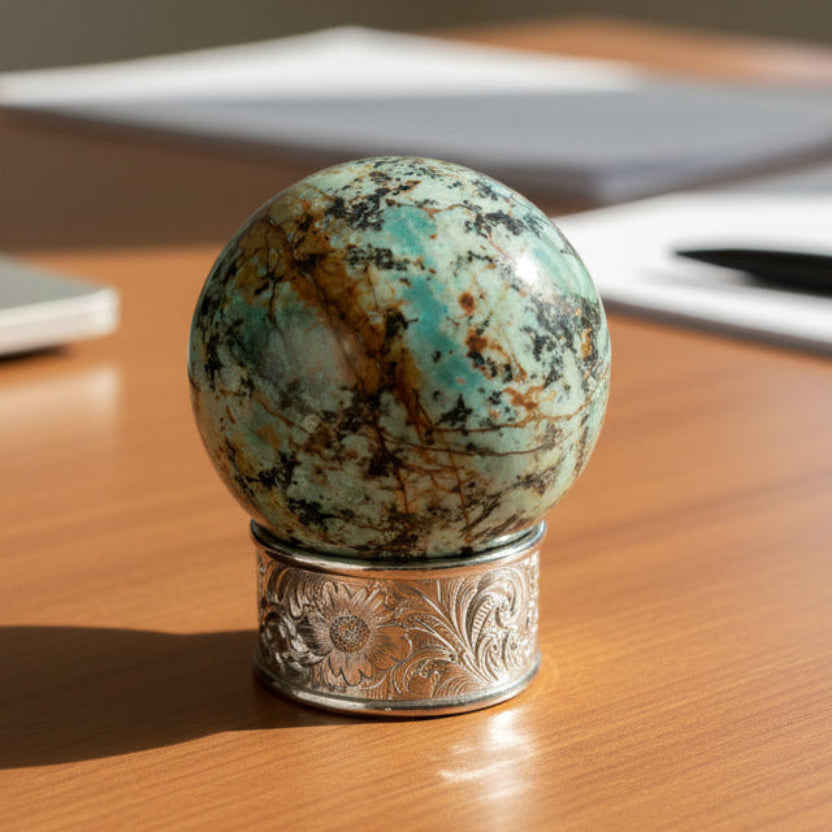 Marbled stone sphere on a decorative metal stand against a white background