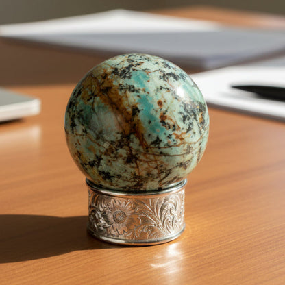Marbled stone sphere on a decorative metal stand against a white background