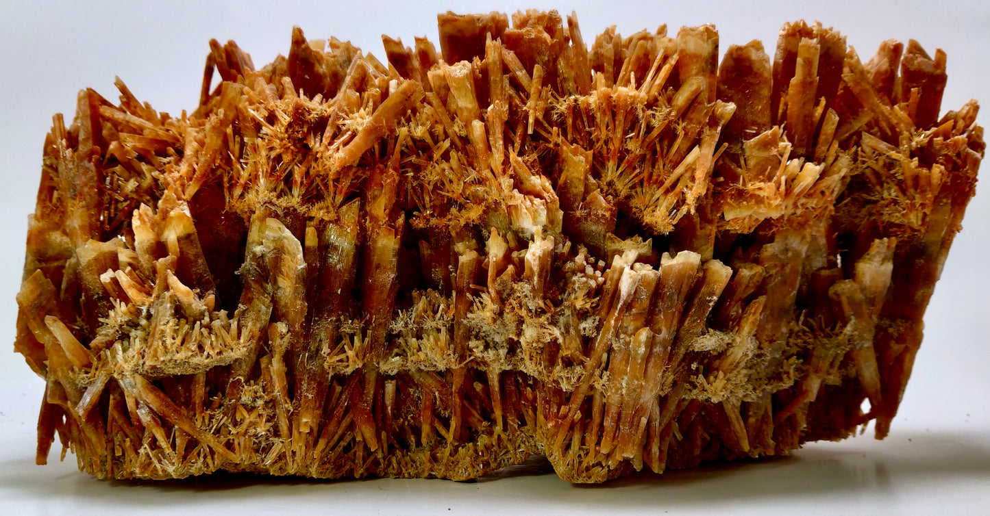 Close-up of a brown, textured mineral sample on a white background