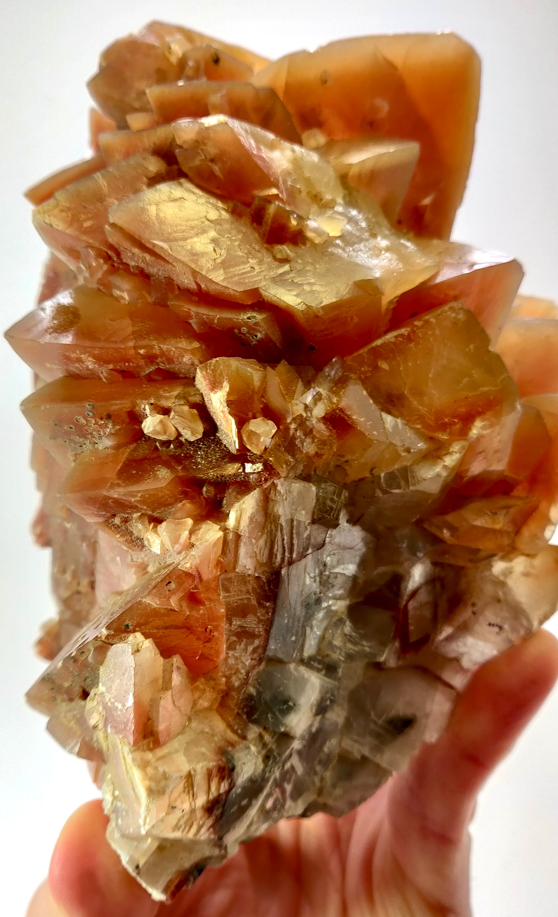 Hand holding a crystal rock with visible minerals on a white background