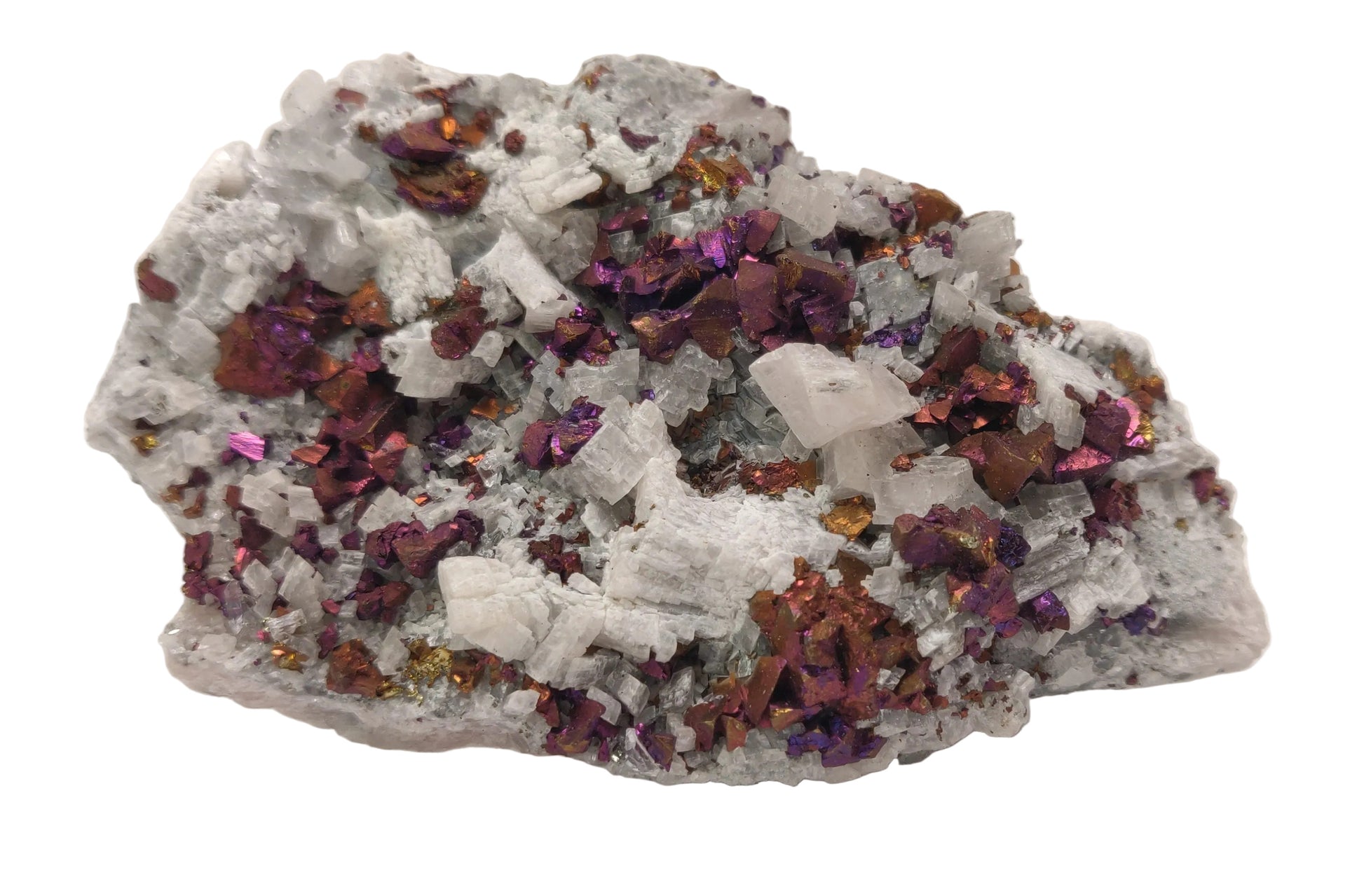 Iridescent rainbow chalcopyrite crystals on white rhombohedral calcite matrix from Baisha Mine, China.