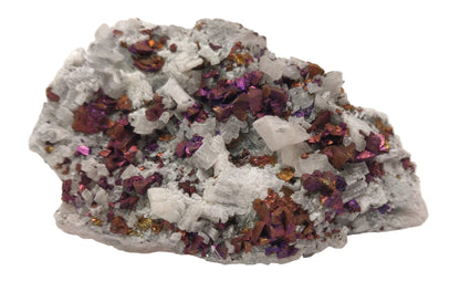 Iridescent rainbow chalcopyrite crystals on white rhombohedral calcite matrix from Baisha Mine, China.