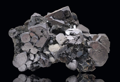 Close-up of metallic Galena crystal cluster with jet-black octahedral Sphalerite and golden Chalcopyrite from the Madan Ore Field, Bulgaria.