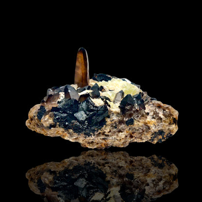 Fluorescent Hyalite Opal & 'Mercedes' Schorl on Smoky Quartz — Namibia (1.06kg)