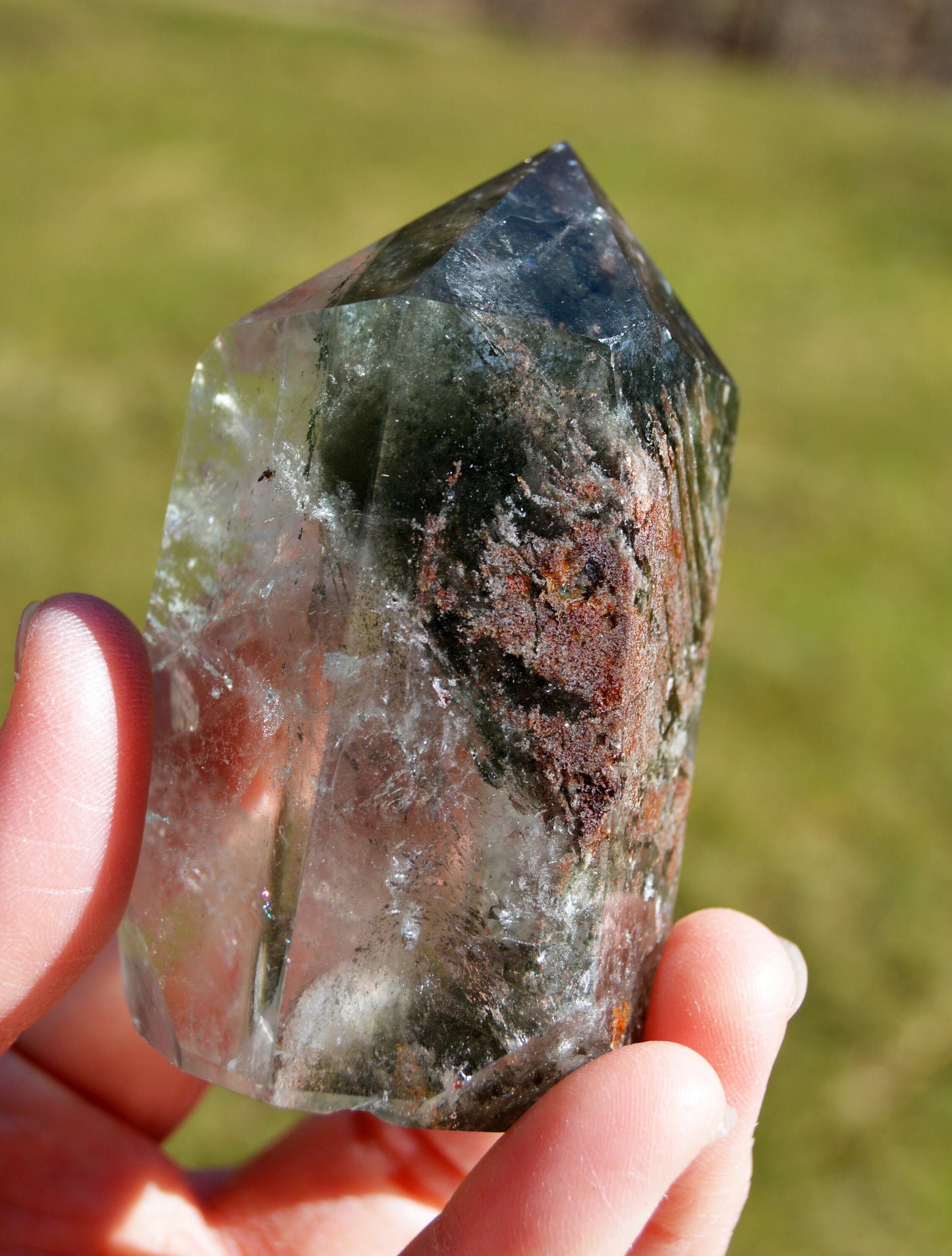 AAA Grade Garden Quartz/Lodolite Phantom with Rainbows and Hematite/Chlorite inclusions