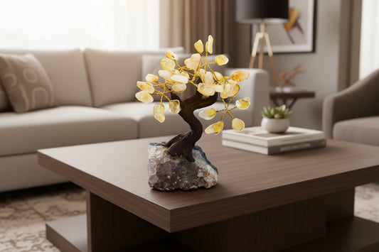 Handcrafted Citrine Gemstone Tree on Raw Amethyst Base — Brazil (149g)