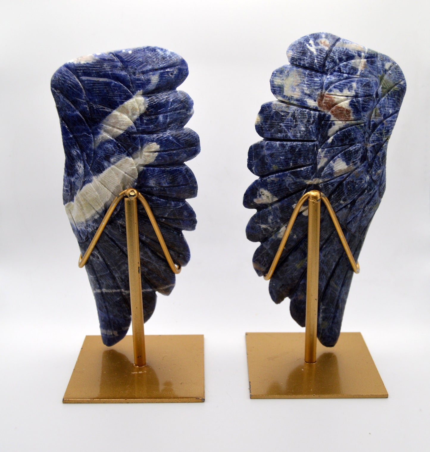 Pair of Sodalite Angel Wings on Gold Stands