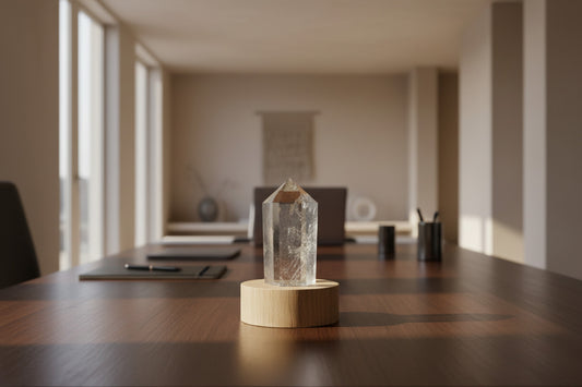 Clear crystal prism on a wooden surface with a blurred green background