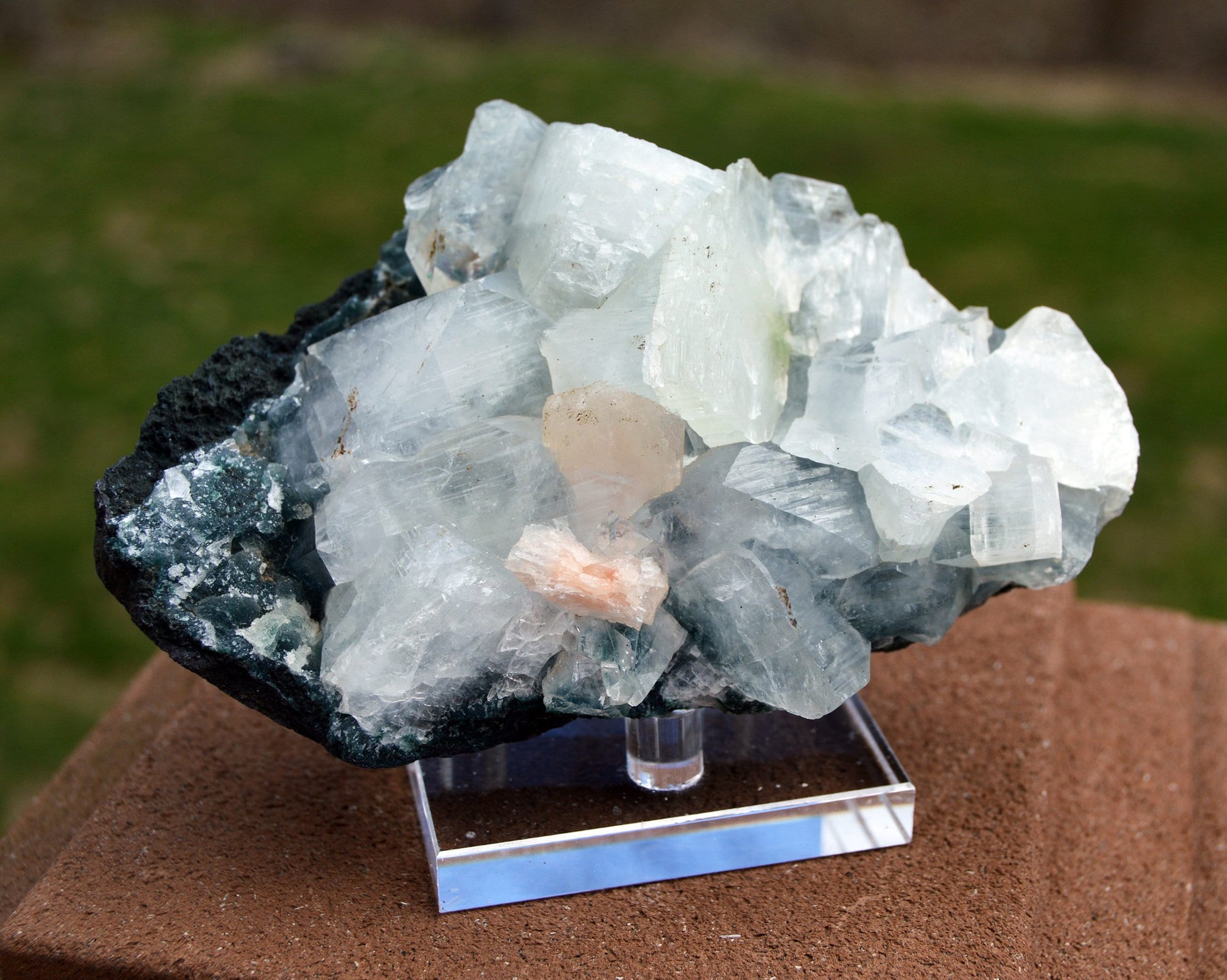 White and Green Apophyllite with Peach Stilbite on Blue Chalcedony Matrix