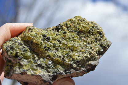 Natural Raw Peridot in Basalt w/ Tourmaline