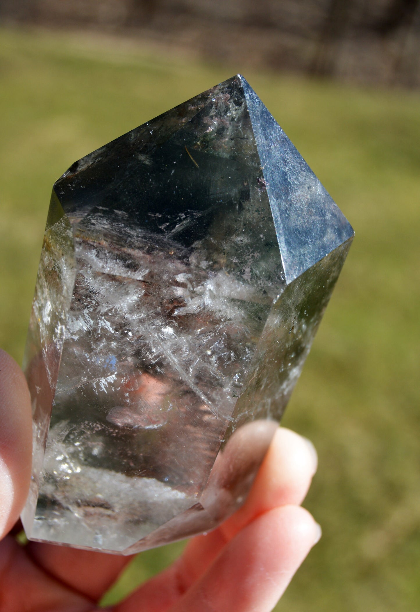 AAA Grade Garden Quartz/Lodolite Phantom with Rainbows and Hematite/Chlorite inclusions