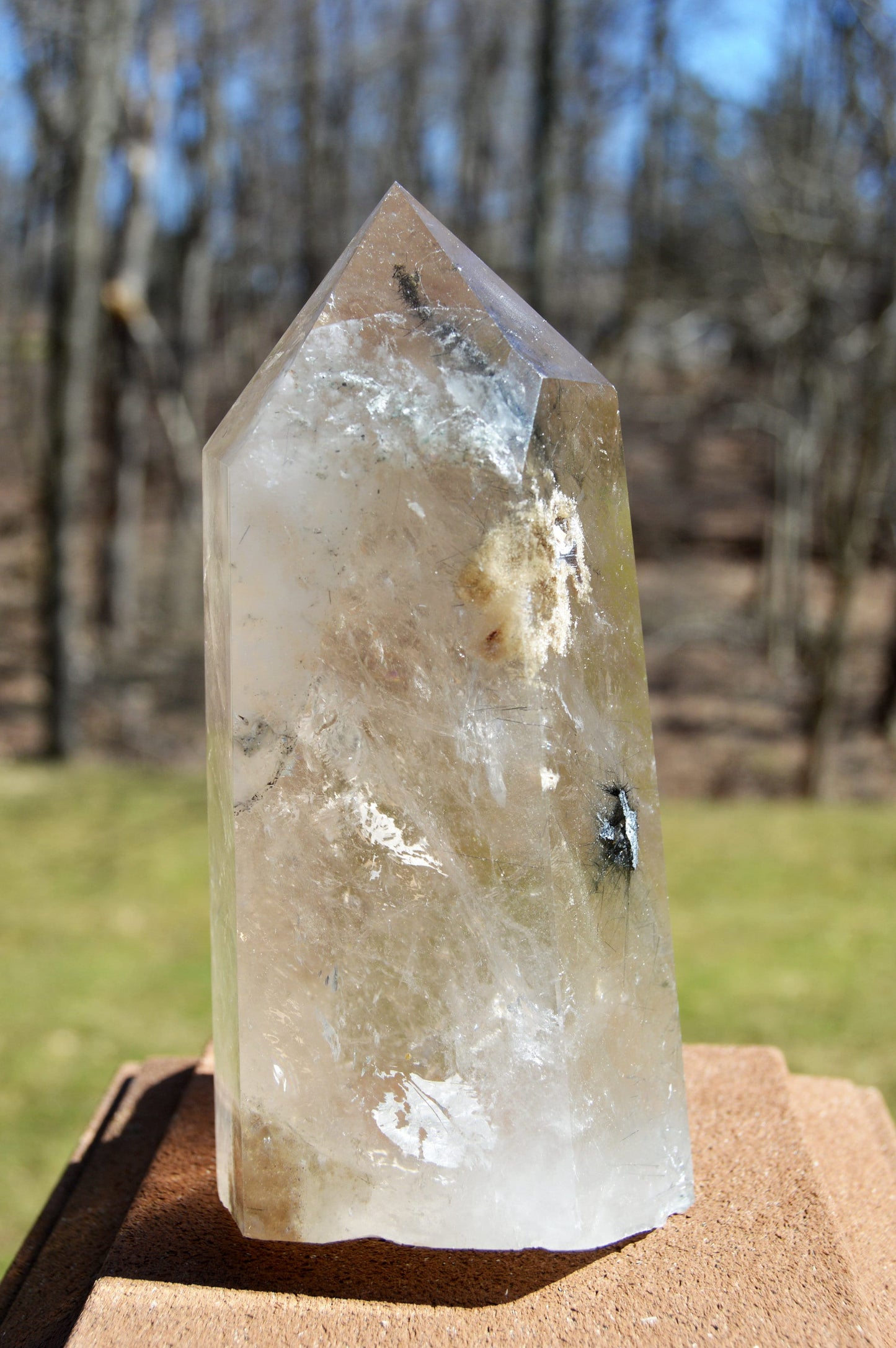 Large Brazilian Smoky Quartz Tower with Black Rutile and Rainbow inclusions