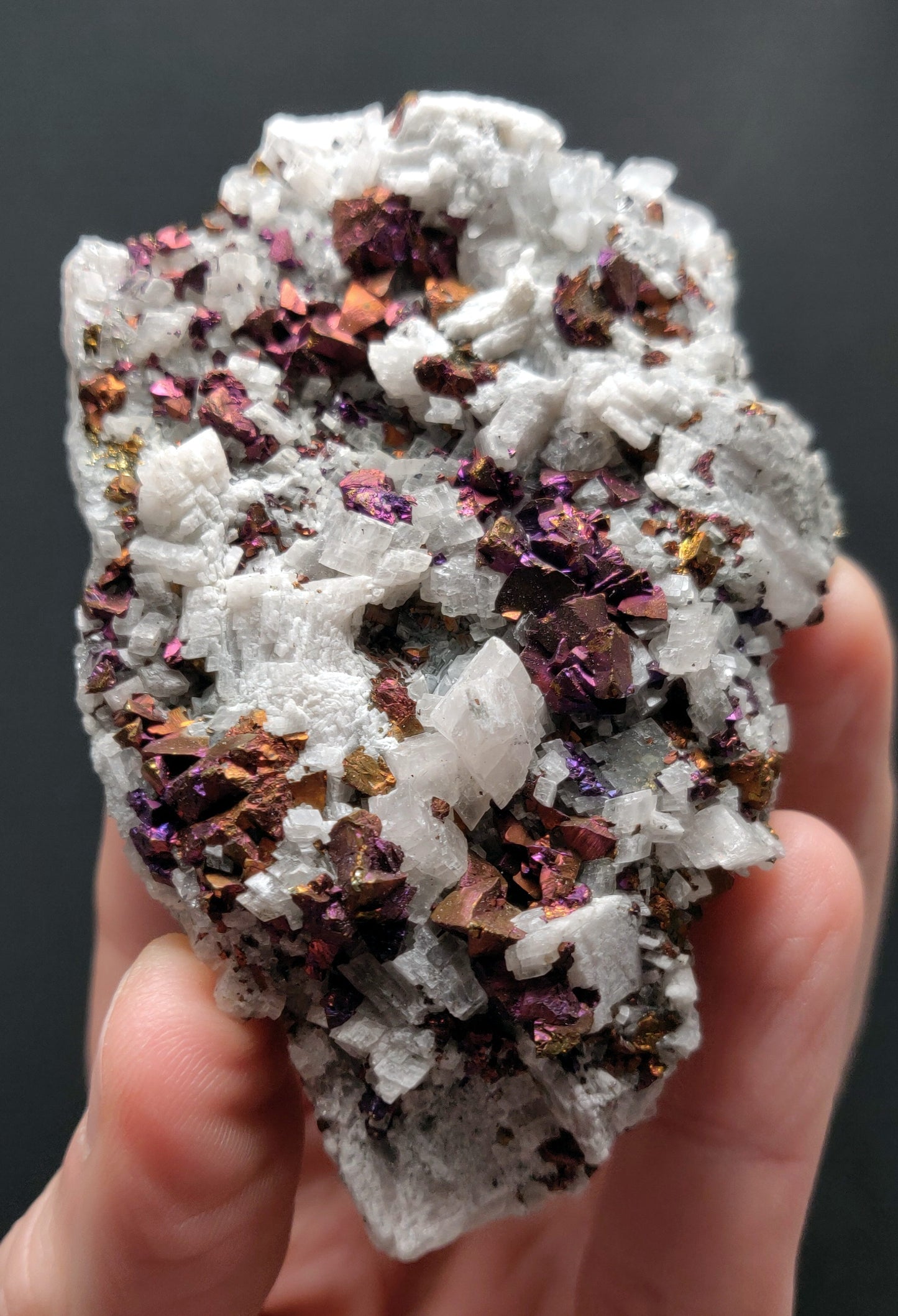 Iridescent rainbow chalcopyrite crystals on white rhombohedral calcite matrix from Baisha Mine, China.