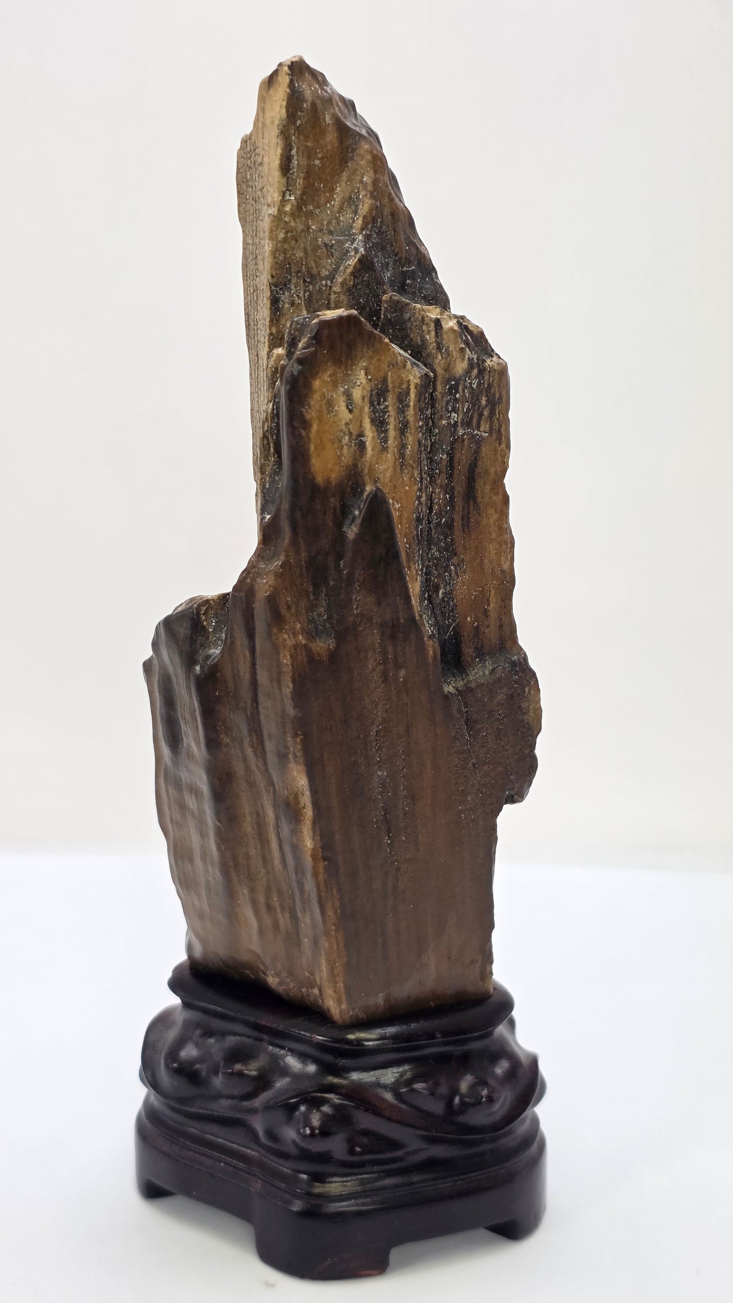 A vertical, dark brown and black petrified wood specimen mounted on an ornate, dark-stained carved wooden base. The stone features deep vertical ridges and a polished, glassy surface, tapering to a rugged point at the top. The entire piece stands 21 cm tall against a plain white background.