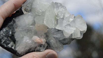 White and Green Apophyllite with Peach Stilbite on Blue Chalcedony Matrix