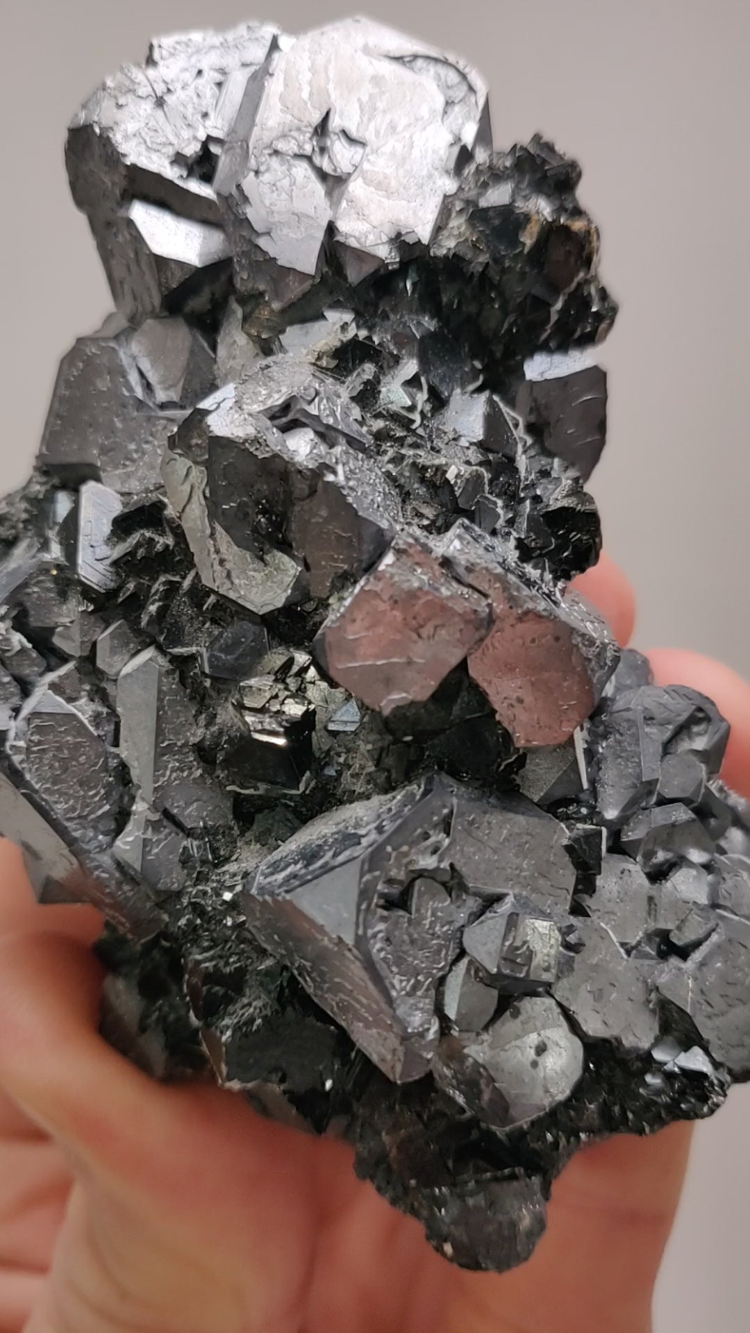 Close-up of metallic Galena crystal cluster with jet-black octahedral Sphalerite and golden Chalcopyrite from the Madan Ore Field, Bulgaria.