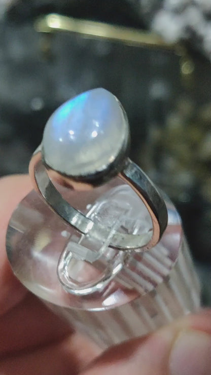 High Quality Rainbow Moonstone Tear Drop Ring, Sz 6 3/4