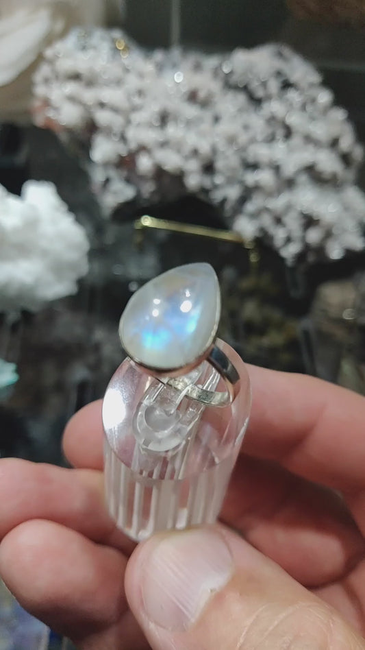 High Quality Rainbow Moonstone Tear Drop Ring, 925 Sterling Silver, Sz 6 3/4