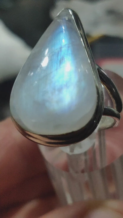 High Quality Rainbow Moonstone Tear Drop Ring, 925 Sterling Silver, Sz 8 1/4