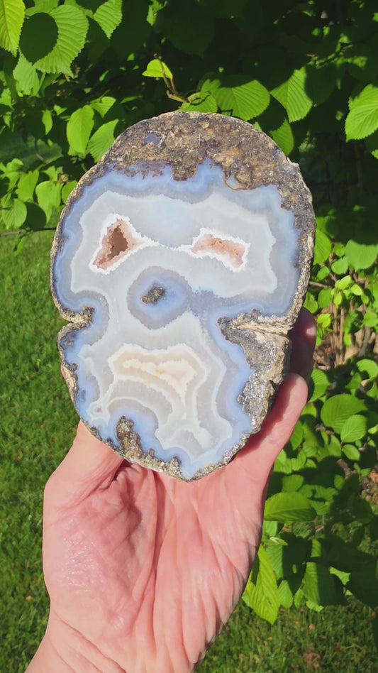 Exquisite Blue Lace Agate Geode Half with Sparkling Crystal Cavities - Namibia (Large Display Specimen)