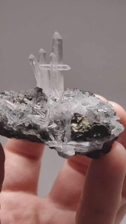 Quartz on Sphalerite w/ Iron Pyrite from the historic Quiruvilca Mine, Peru.